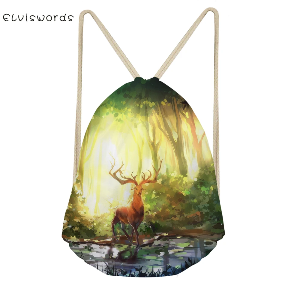 ELVISWORDS Fashion Women's Drawstring Bags Fantasy Deer Pattern Beach Shoes Pockets Boys &amp Girls Mini Travel Organizer | Багаж и