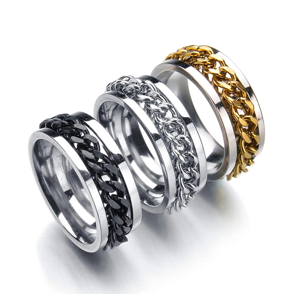 Винтажная 8 мм крутая черная прядильная цепь кольцо для мужчин текстура шин