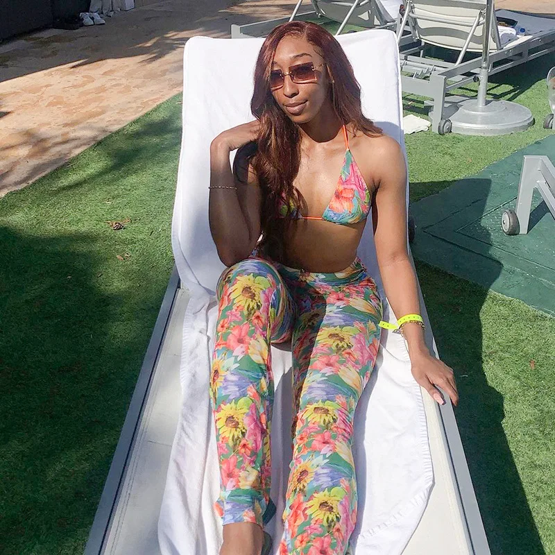 

Spring Fashion Women Casual Elegant Suspender Strapless Backless Gauze Print Ladies Bodycon Party Micro Flared Two Piece Sets