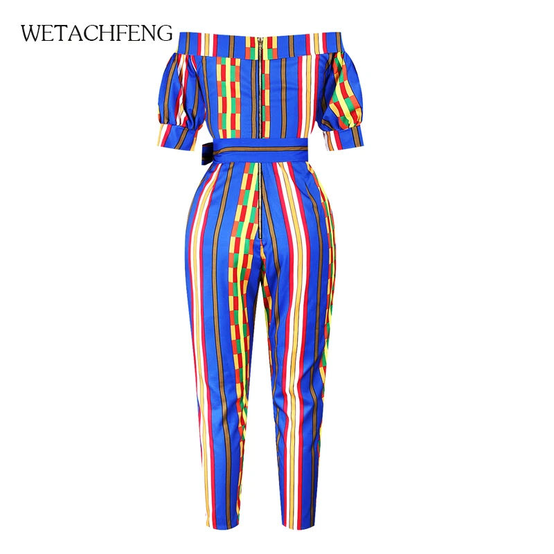 

Elegant African Style Sexy Print Striped Nightclub Lantern Belt Bodysuit Sleeve Off Shoulder V-neck Jumpsuit Women's Clothing