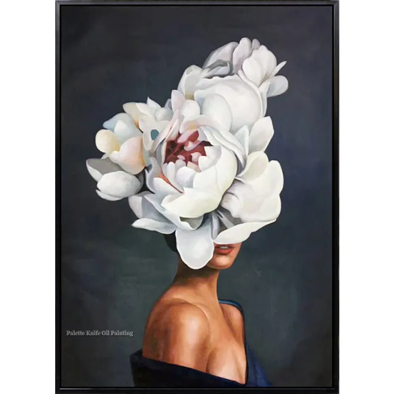 Goede Handgeschilderde Vrouw Portret En Bloem Canvas Olieverf Moderne Wall Art Pictures Voor Woonkamer Home Decor