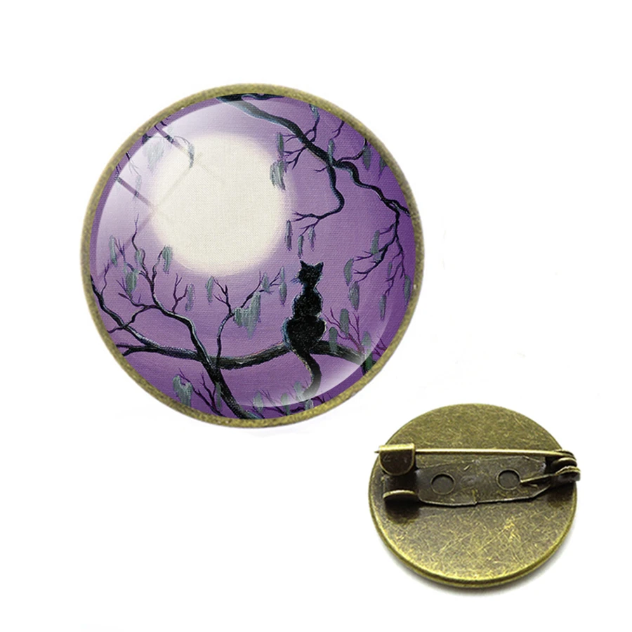 Полная луна броши Черный кот на дереве астрономия брошь Жуткий Хэллоуин природа