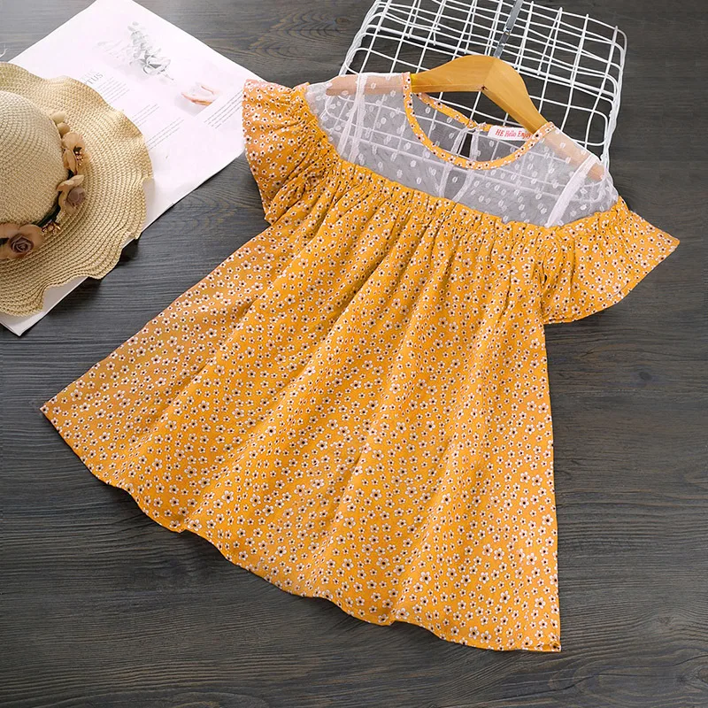 

2-6Years Kids Girl Summer Casual Short sleeve Lace Dress 2021 Fashion Floral Mesh Yarn Stitching Round Neck Girls Casual Dresses