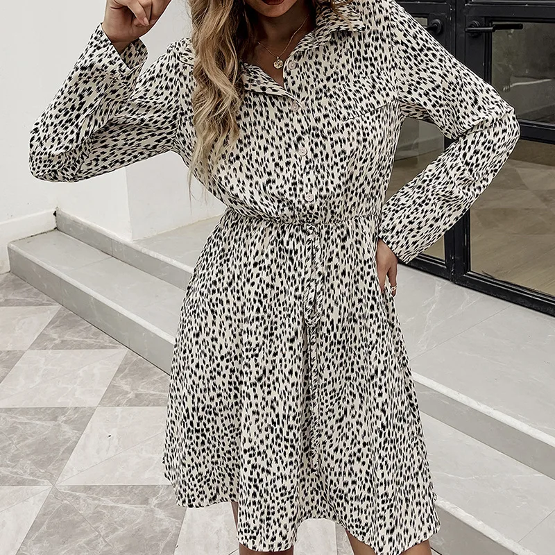 

Женское элегантное короткое платье с леопардовым принтом, облегающее платье с отложным воротником и длинным рукавом, шикарное мини-платье ...