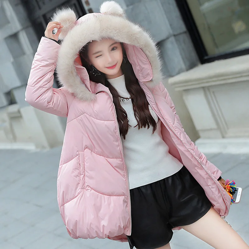 

2019 New Korean Solid Color Fur collar Hooded Coat Female Warm thick Cotton Parka Casual Jacket Women cc1383