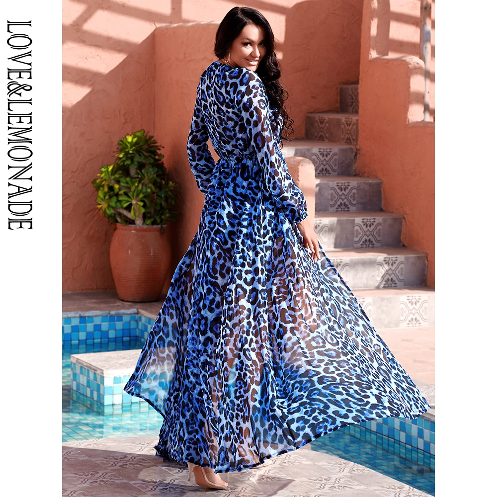 

LOVE&LEMONADE Sexy Deep V-Neck Perspective Blue Leopard Chiffon A-Line Summer Beach Playsuit LM80428