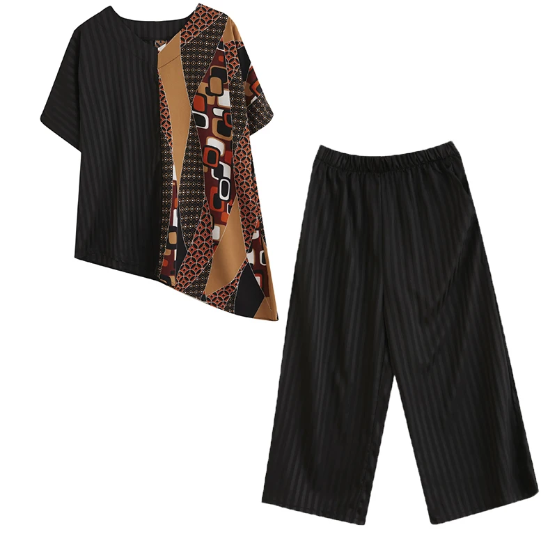 

IEQJ Black Big Size Stitching Striped Printed Short Sleeve Irregular T-shirt +wide-leg Pants Loose Women Fashion Summer 2021