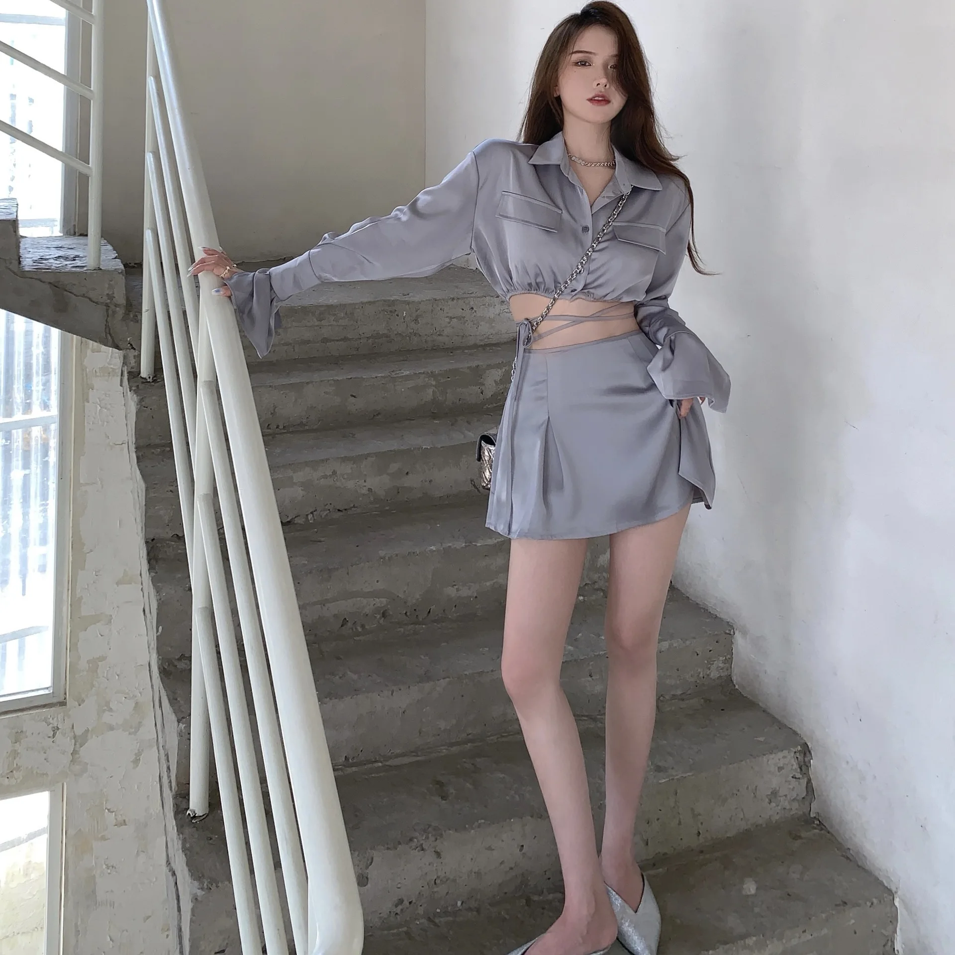 

Sexy School Uniform Satin Material Silver/grey Long-sleeved Big Cuffs Showing Navel + Short Skirt 2pcs Summer Outing Clothes