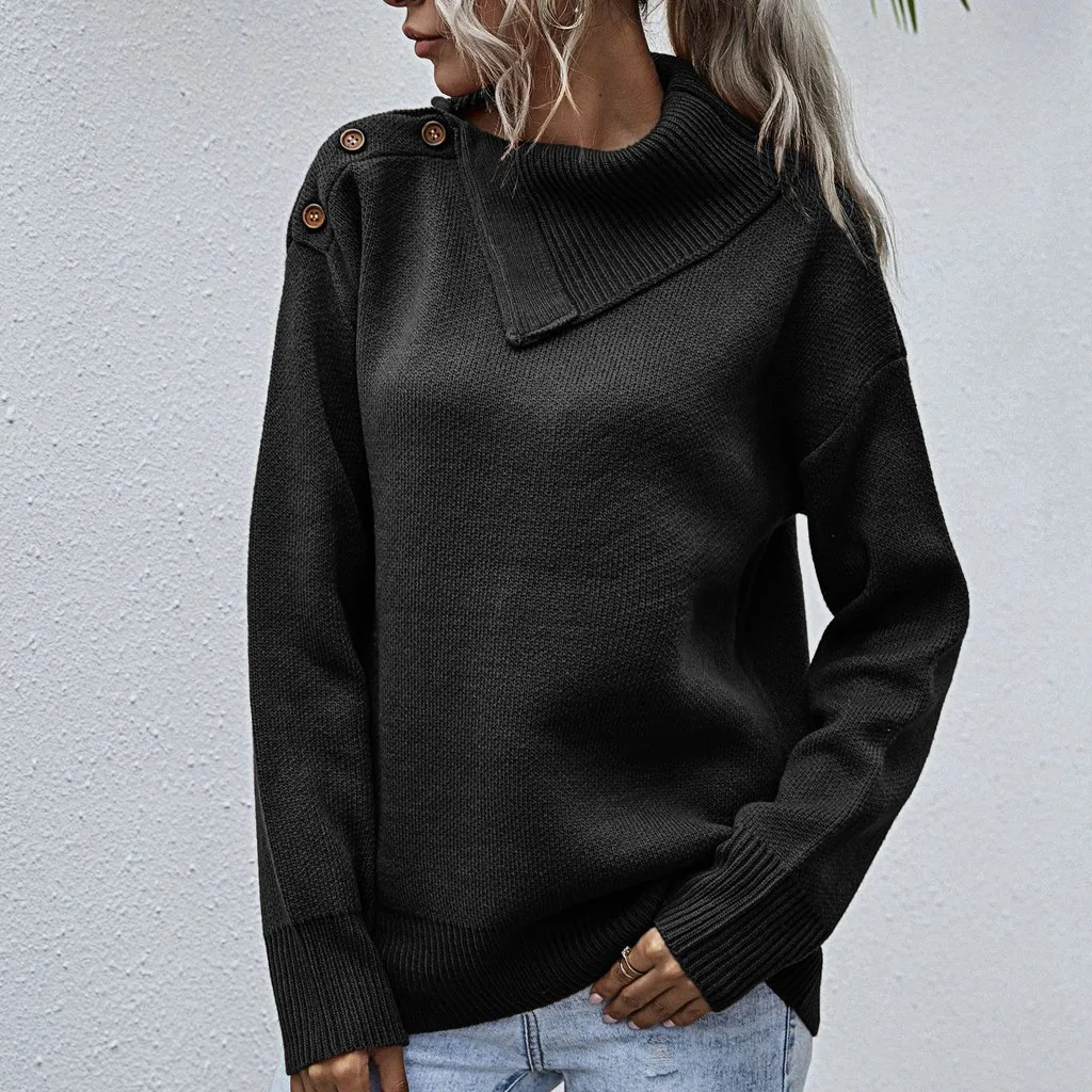 

Свободный вязаный свитер для женщин, джемперы с длинным рукавом, пуговицами и высоким воротником, женские пуловеры, свитер 2020, Осень-зима, По...