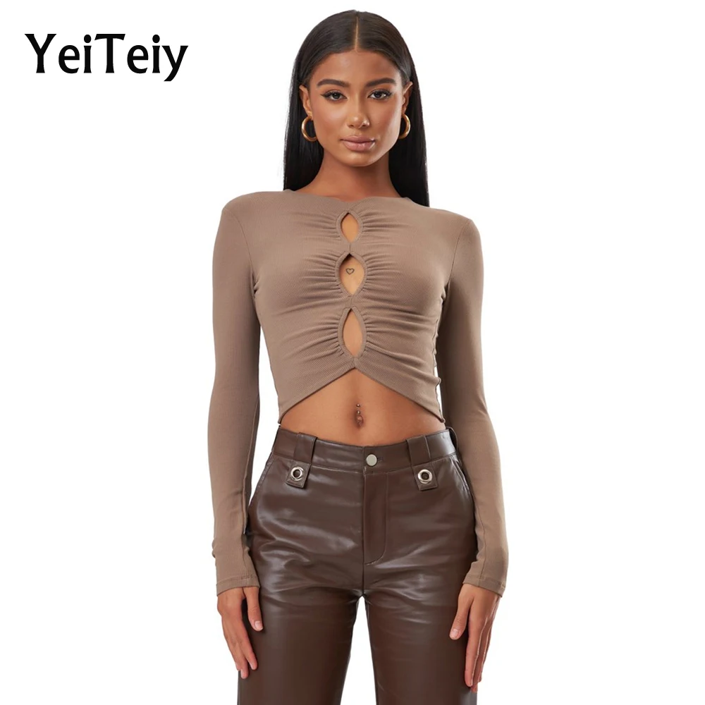 

Yeiteiy Ladies Solid Color Long Sleeve Top Spring Autumn Comfortable Hollow Slim Round Neck Pleated Sexy Button Shirt Clothing