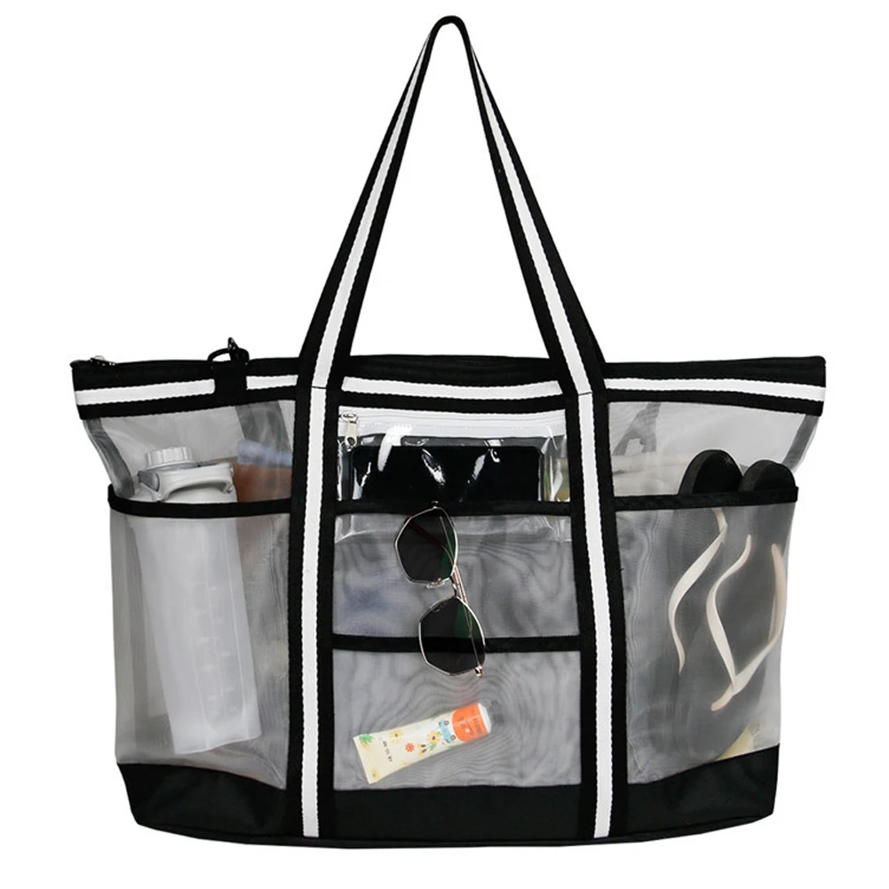 

with Zipper Pockets Summer Large Beach Bag For Towels Mesh Durable Beach Bag For Toys Underwear Pocket Beach Tote Bag Makeup Bag
