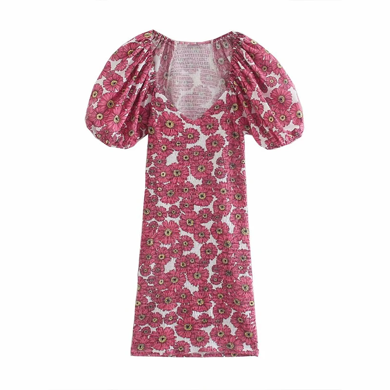 

TRAF Women Fashion V-neck Puff Sleeve Flower Print A-line Dress French Retro Temperament Slimming Mini Dress For Summer 2021