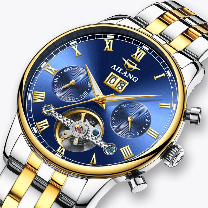 

AILANG New Luminous Men's Business 30M Waterproof Automatic Mechanical Calendar Moon Phases Stainless Steel Strap Watches 8823B