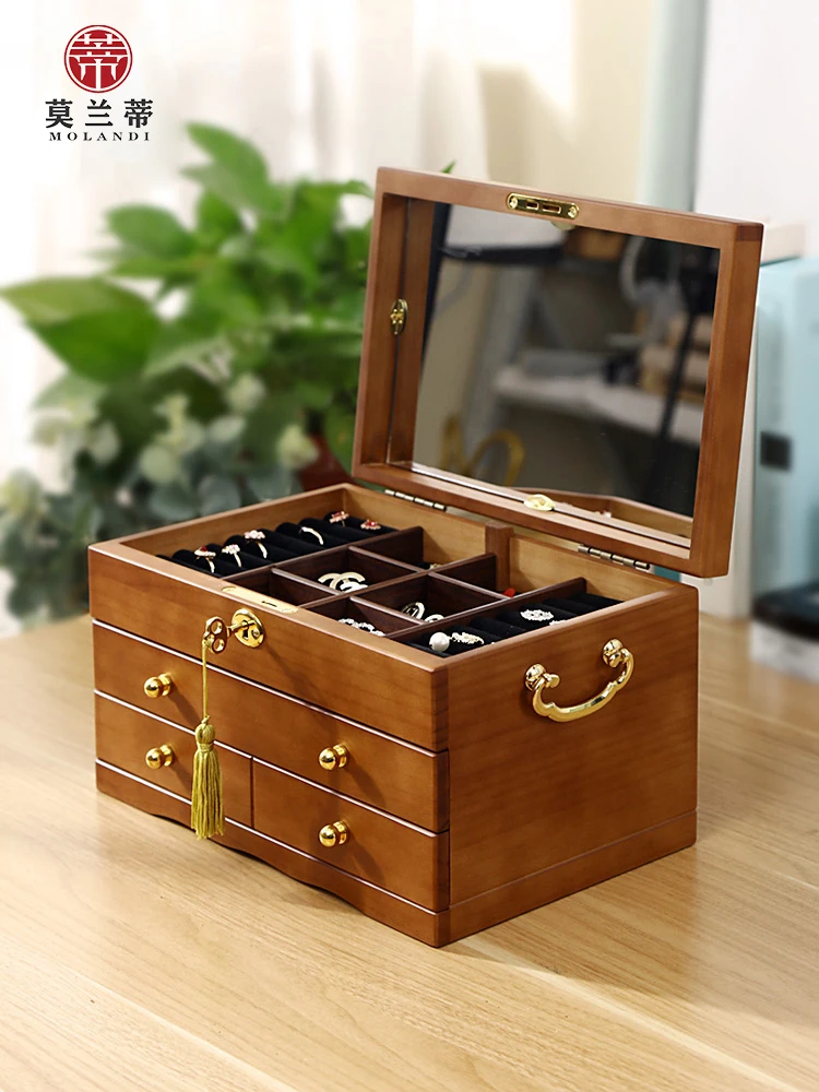 Retro Solid Wood Jewelry Box Large Capacity Multi-layer Put Ring Earring Storage