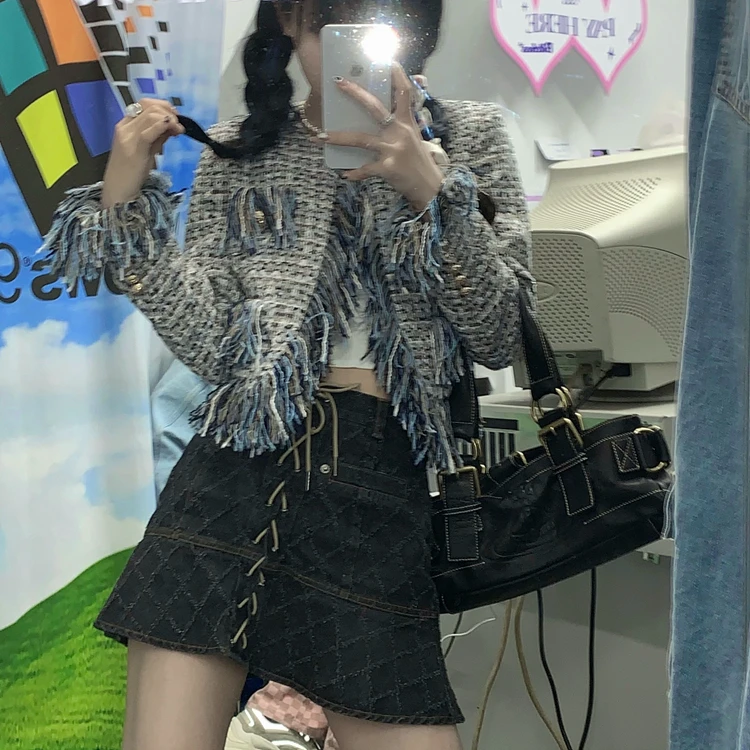 

2021 new summer women Vintage A-Line short Denim Skirts plaid lace up mini jeans skirts streetwear bottom