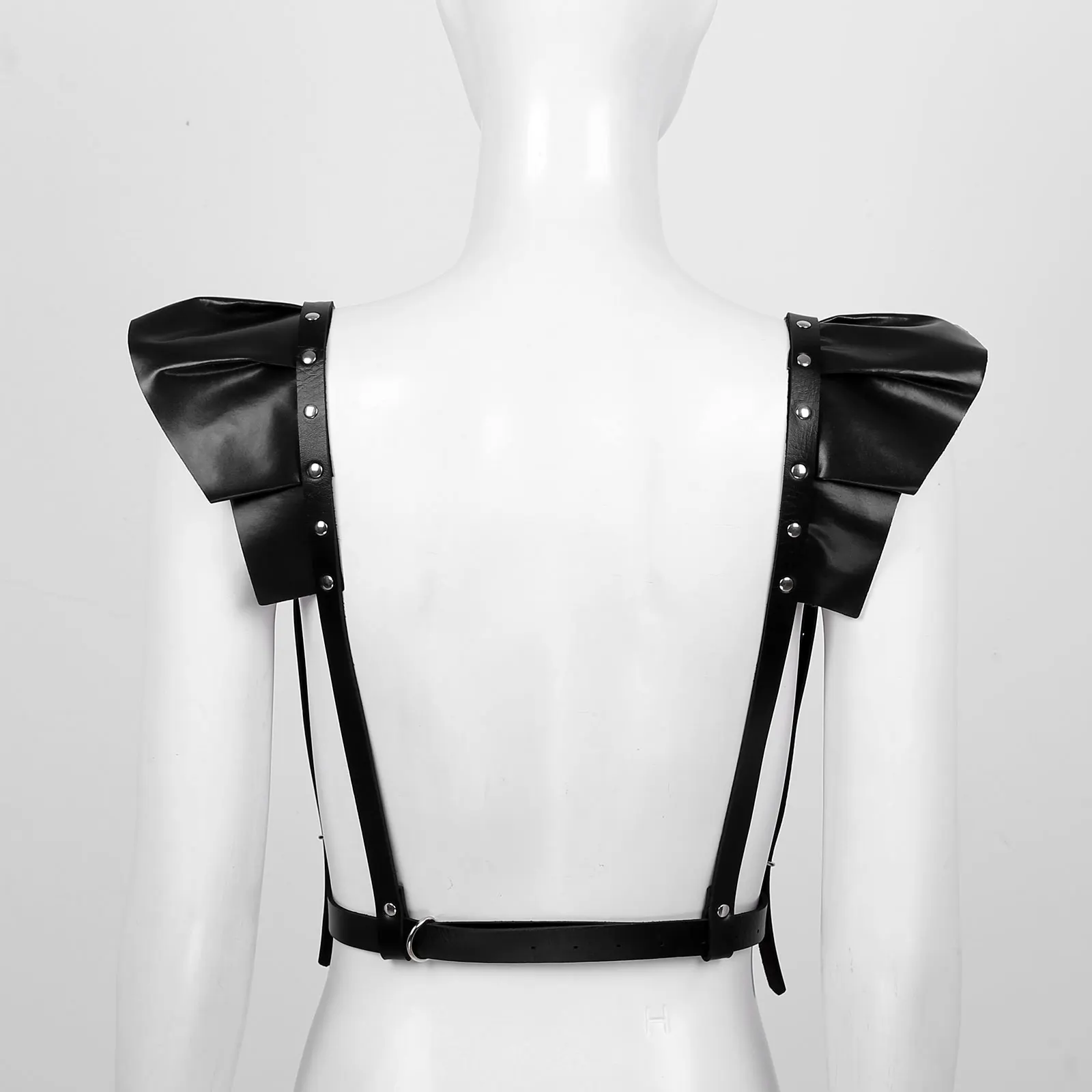 

Black Women Punk Adjustable Faux Leather Ruffle Shoulder Straps Harness Waist Belt for Music Festival Dance Club Theme Party