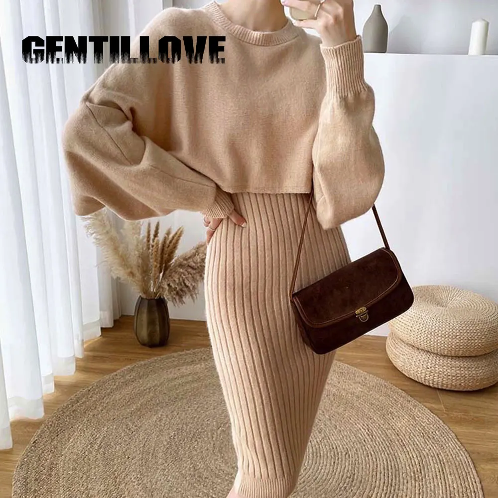 

Women's Knitted Skirt Suit Winter Solid Dress Sweater Long Sleeve Oversize Pullover Elegant Warm Ladies 2 Pieces Knitwear Sets