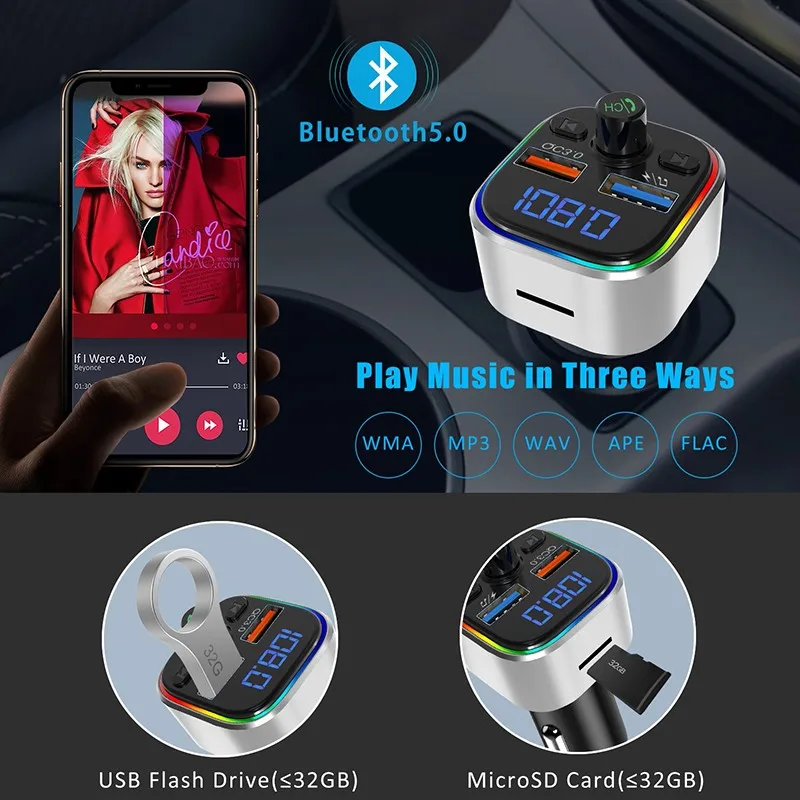 T32 RGB автомобильный fm-передатчик Bluetooth 5 0 Handsfree беспроводной MP3 радио адаптер плеер