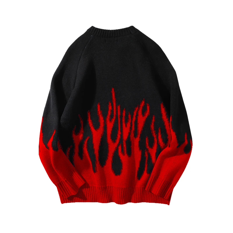 Sweater Men Streetwear Retro Flame Pattern Hip Hop Autumn New Pull Over Spandex O-neck Oversize Couple Casual Men's Sweaters