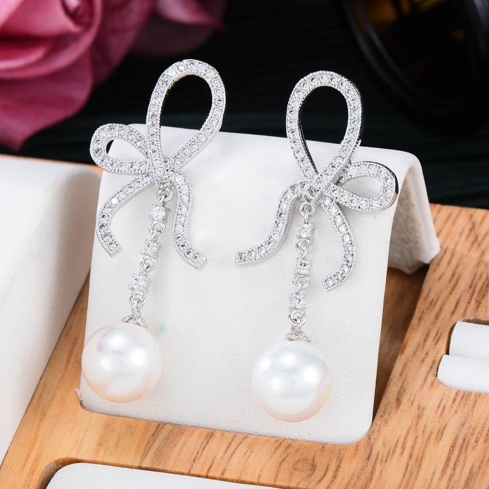

Siscathy Korean Fashion Bowknot Drop Earrings For Women Sweet Pearl Pendant Hanging Earrings Girl Female Party Jewelry Accessory