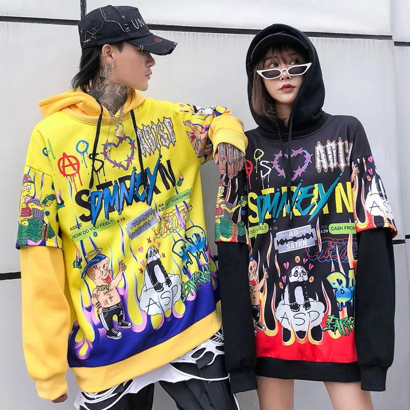 Aolamegs Hoodies Men Hip Hop Letter Print Men Pullover Cartoon Oversize Style Hooded Sweatshirt Lover High Street Streetwear