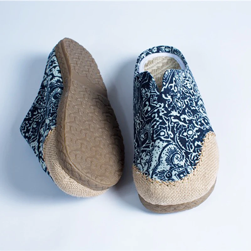 Unisex Handmade Fisherman shoes Comfortable Linen Loafers Zapatillas Blue Porcelain Floral Casual Breathable Flats Sapatos