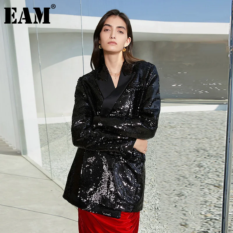 

[EAM] Women Big Size Black Sequins Blazer New Notched Collar Long Sleeve Loose Fit Jacket Fashion Spring Autumn 2021 1DD4414
