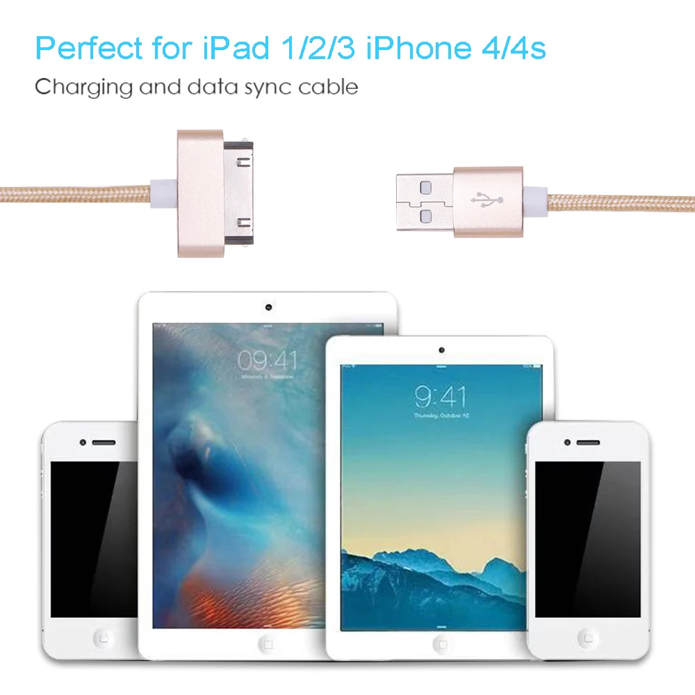 Нейлоновый USB кабель для IPhone 4S 4, металлический штекер, нейлоновый плетеный провод, кабель для зарядного устройства, 2,1 A, шнур для быстрой зарядки и синхронизации данных для IPad 1, 2, 3