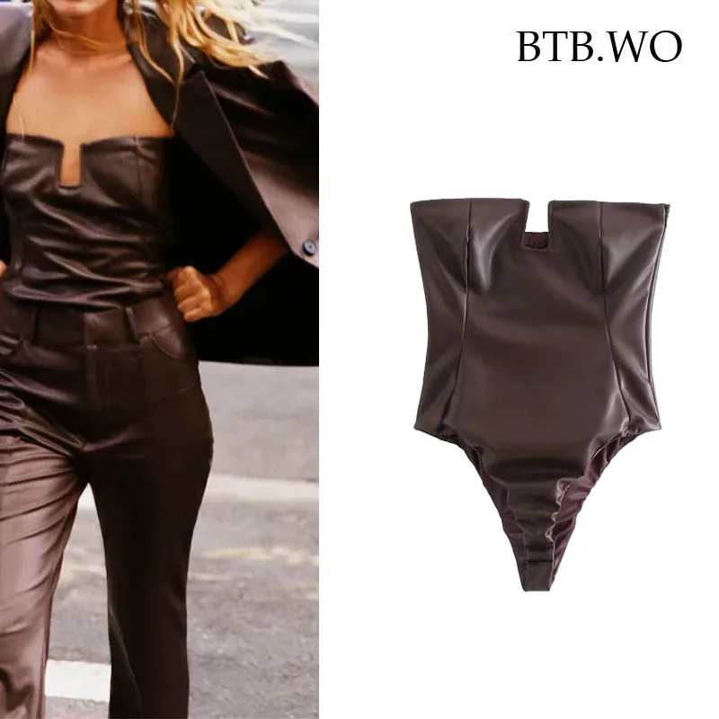

Женское боди из искусственной кожи BTB.WO Za, коричневый сексуальный боди с открытыми плечами, модная Клубная одежда, короткий Облегающий комби...