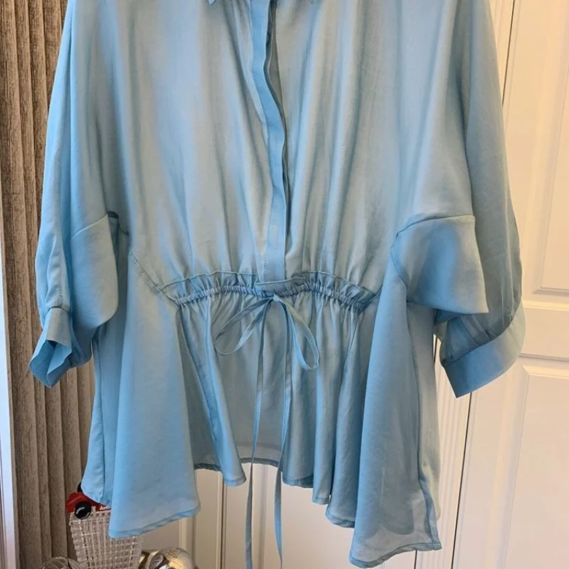 

KUSAHIKI Korean Causal Drawstring Slim Waist Women Blouse Elegant Turn-down Collar Shirt Summer 2021 New Top Camisas Mujer 6J518