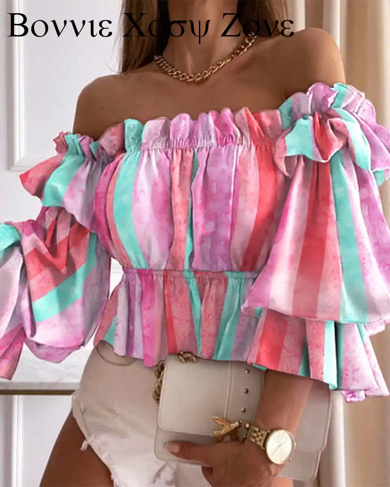 

Colorful Striped Off Shoulder Frill Hem Top 2021 Elegant Femme Puff Sleeve Corset Blouse Lady Outfits y2k Tunics