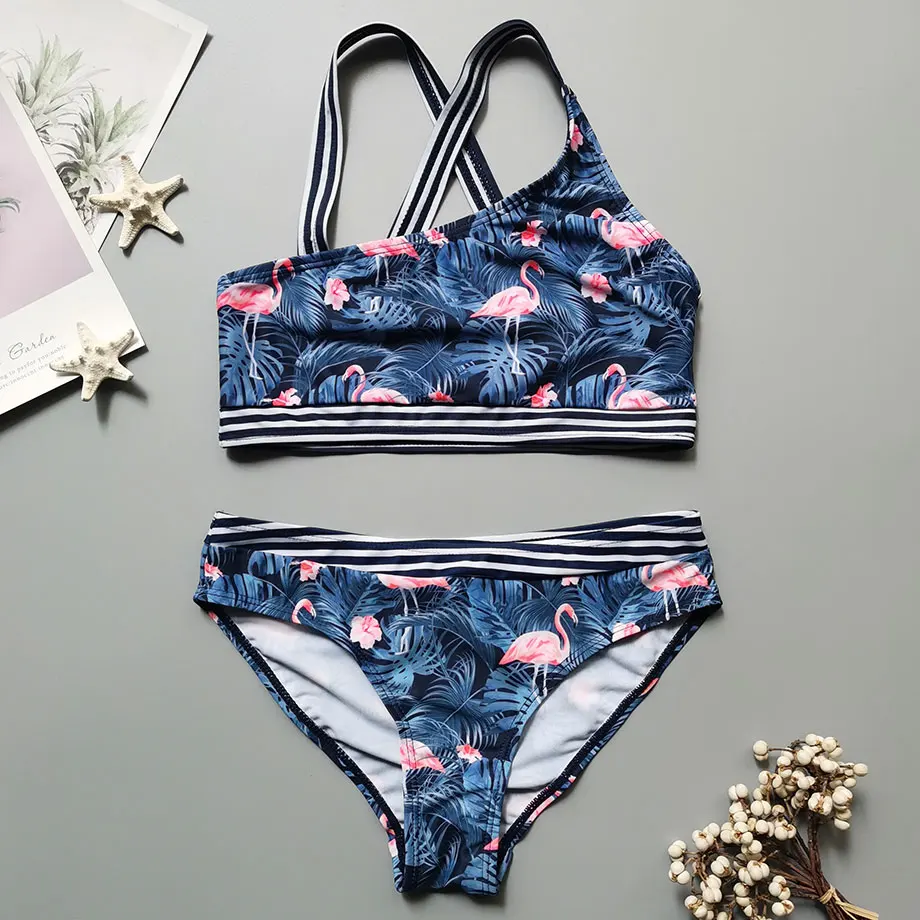 Женский купальный костюм с фламинго детский двойка перекрестной спинкой для