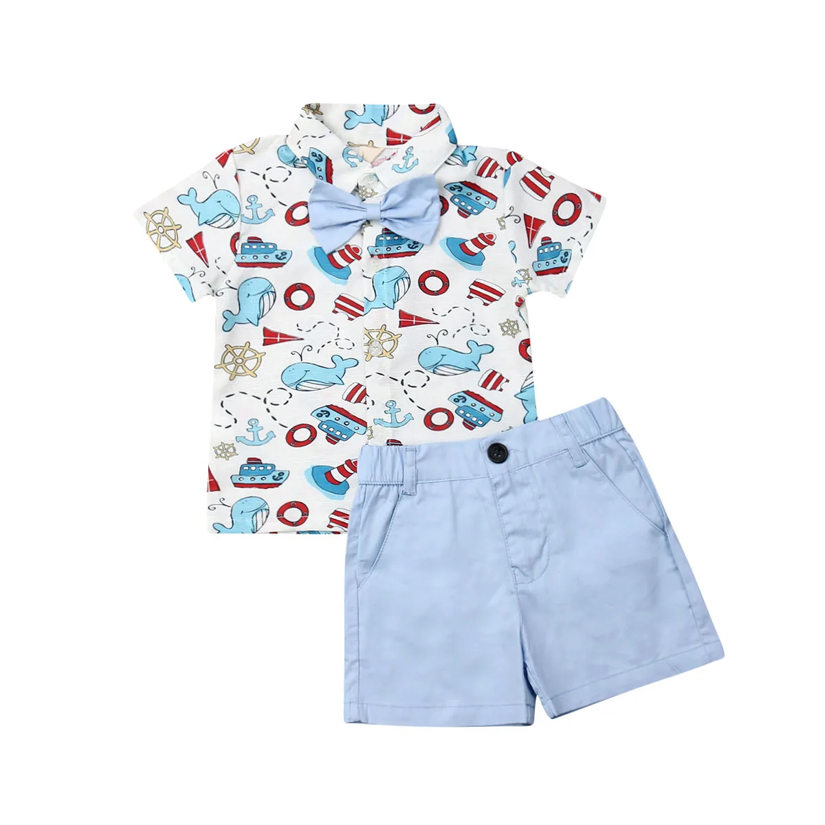 2019 Toddler Kids Baby Boy Clothes Set Summer Short Sleeve Elephant Whale Bow Tops Shirt Shorts Outfits Cotton Clothing 2Pcs |