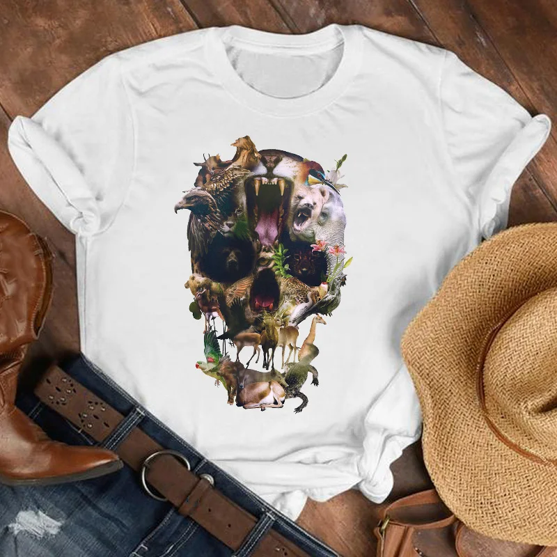 Женская футболка с коротким рукавом принтом черепа в стиле 90 х|Футболки| |