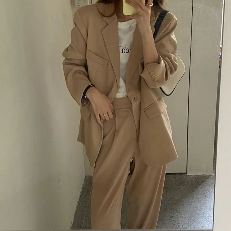 

Vintage Two Pieces Set Office Lady Blazer Suit Women High Waist Loose Trousers Suit Pants Work Blazer Jacket OL Korean