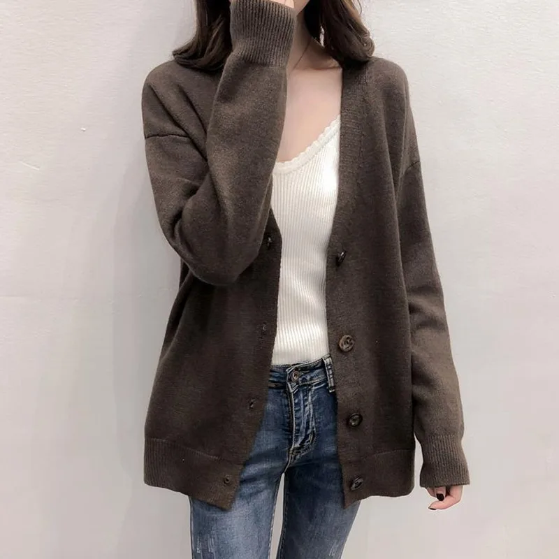 

Women's Spring Autumn Long-Sleeved Cardigan Korean Style Solid Color V-Neck Knitwear Jumpers.