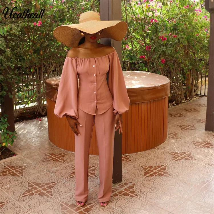 

Женская Осенняя толстовка из двух предметов с открытыми плечами, блузка на пуговицах с рукавами-фонариками и брюки, комплект из двух предме...