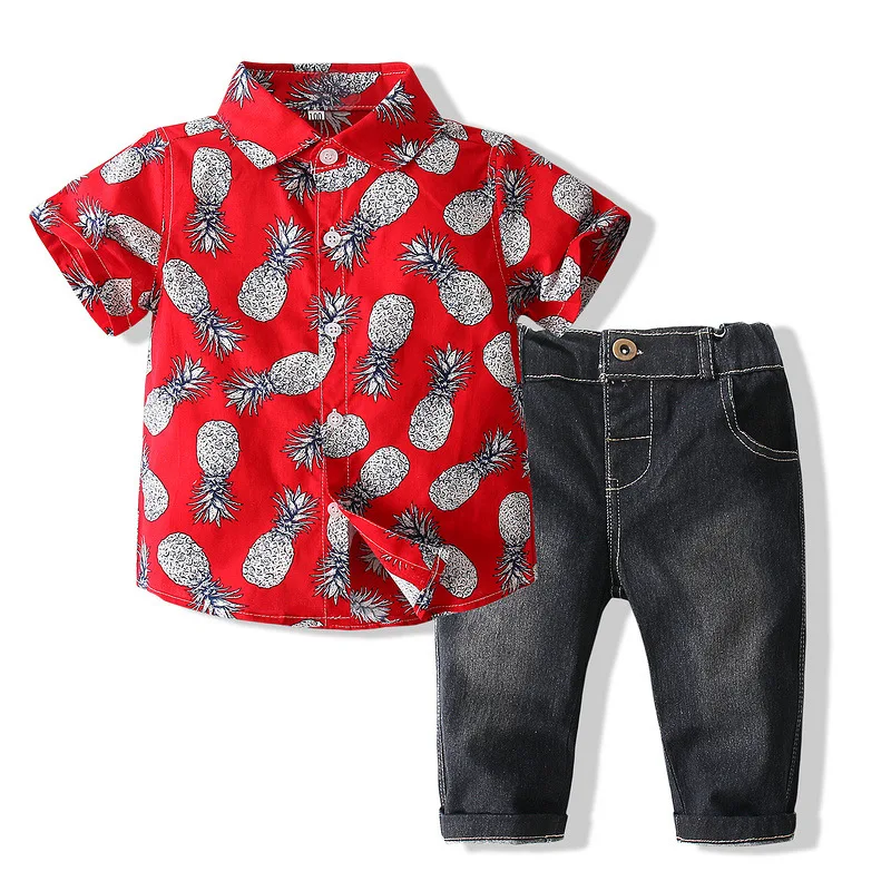 

Children's Wear 2021 Summer New Boys Full Print Shirt Jeans Two Piece Set Fashion Suit