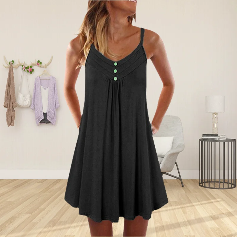 

Women's Sleeveless Summer Beach Floral Horn Swing Dress Casual Fit Large Loose Solid Color Button Vest Camisole Skirt