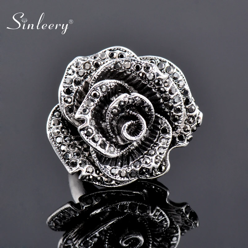 Женское Винтажное кольцо SINLEERY с большим черным кристаллом в виде цветка розы