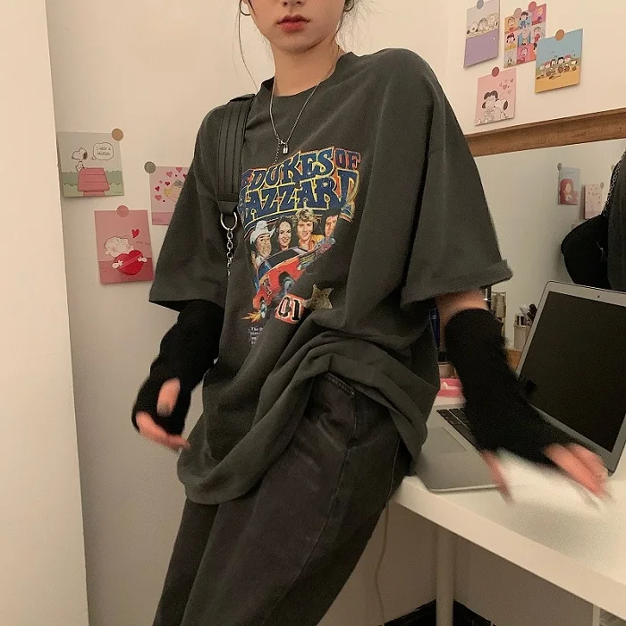 

Preppy Style Retro Cartoon Short Sleeve T-shirt Women's Ins Fashion Design Sense Niche Loose Top Student New 2021