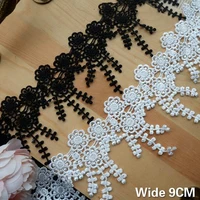 9cm wide white black embroidered flowers 3d tassel lace fabric fringe ribbon collar dress trim diy sewing wedding clothing decor