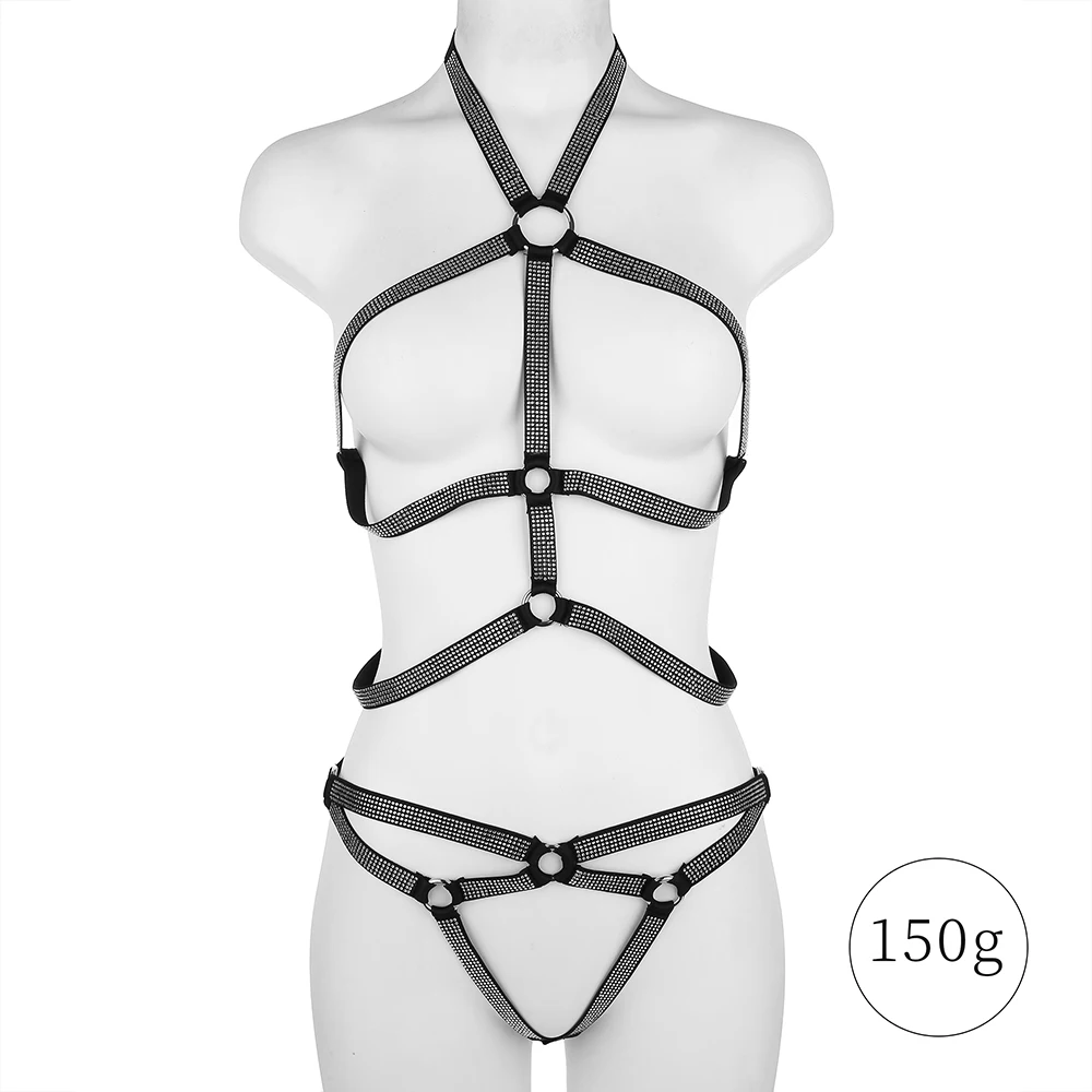 Sexy Women Full Body Elasticband Harness Erotic Lingerie Fashion Gothic Rhinestone Decor Harness Bra Slim Siamese Garter Belt