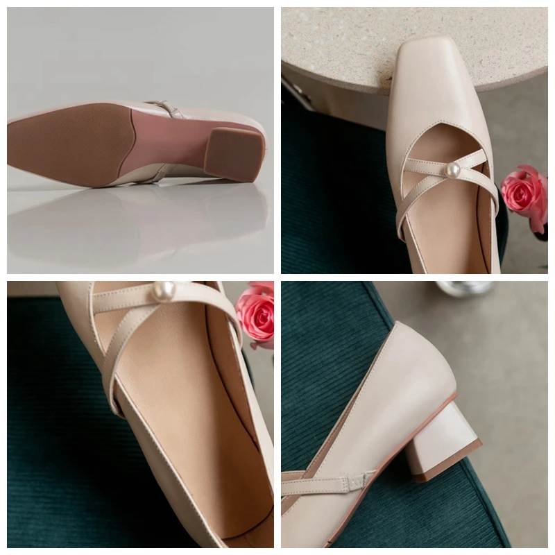 

ORCHA LISA New 2021 Women Pumps Square Toe 3.5cm Strange Heels Genuine Leather Slip-On Classic Elegent Pearl Big Size 40 B2477