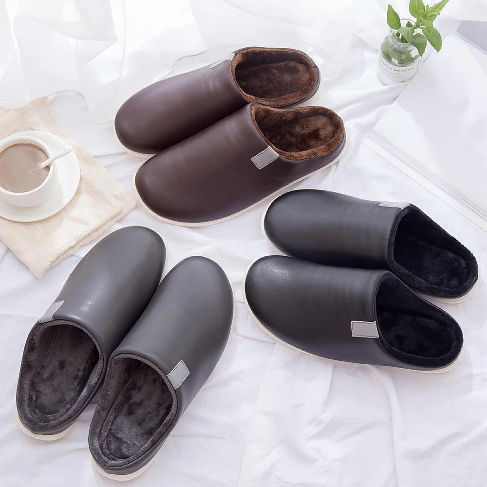 

Indoor shoes for Men Non Slip Soft Slippers Men's slippers Waterproof Plush Velvet PU leather slippers winter Warm fur slippers