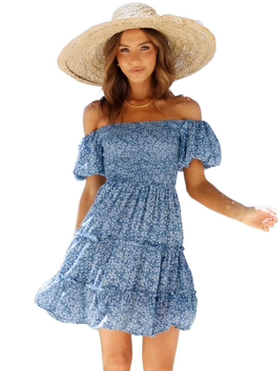 

The new spring and summer of 2021 small broken flower sexy shoulders a word printed strapless dress dresses for women party