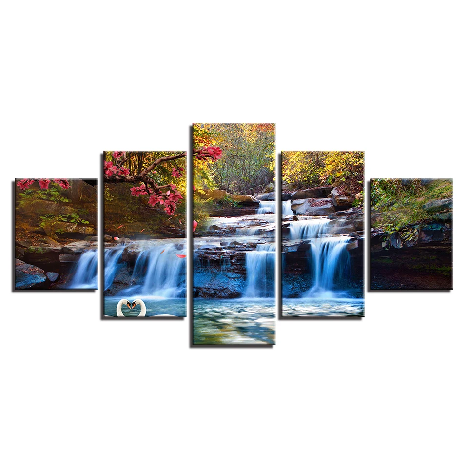 

Wall Art Canvas Painting Home Decor 5 Pieces Forest Lake Waterfall Scenery Pictures Tree Flower Swan Poster Home Decor(No Frame)