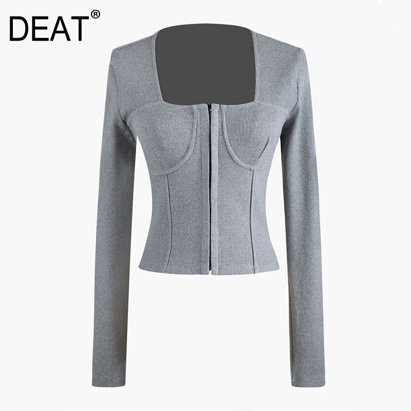 Женский свитер с квадратным воротником DEAT корейский тонкий однотонный вязаный