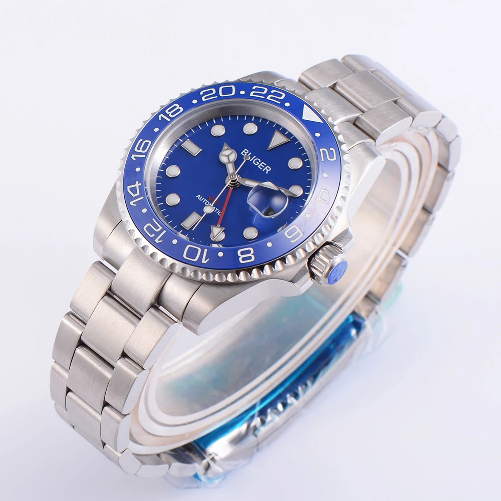 BLIGER 40 мм Мужская модная функция GMT автоматические механические часы со стальным