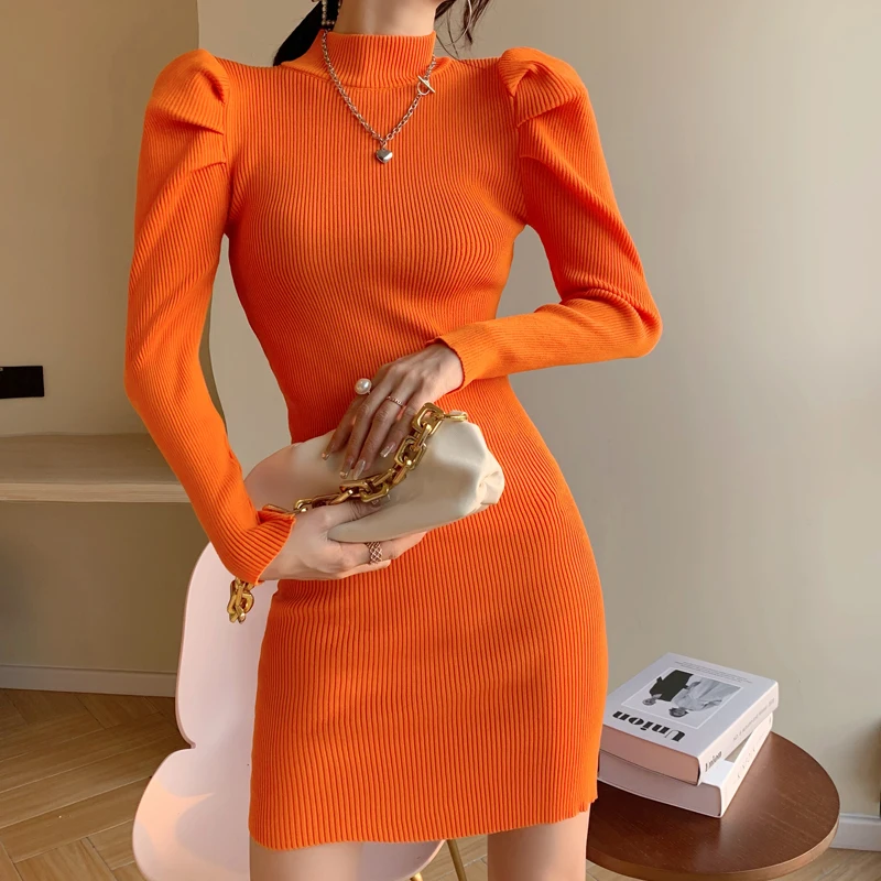 

Winter Womens Turtleneck Warm Sweater Female Long Sleeve Knitted Sweaters Loose Puff Sleeve Pullovers Outwear Robe Vestidos